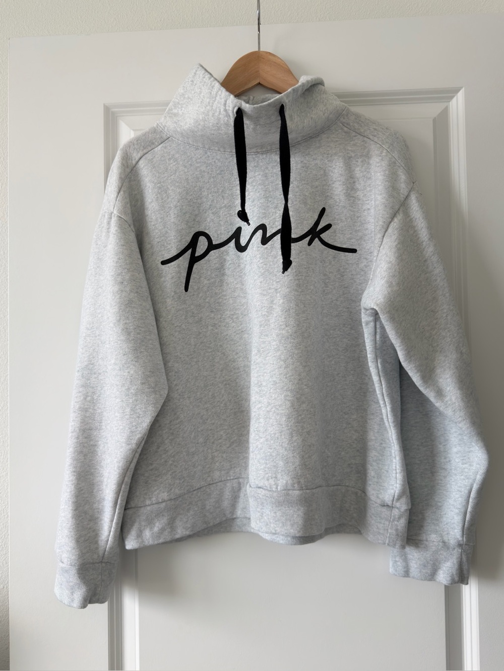 PINK Victoria's Secret Light Gray Cowl Pullover with Black Script